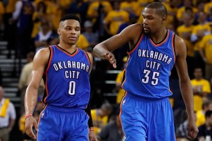 Russell Westbrook and Kevin Durant during the 2016 playoffs