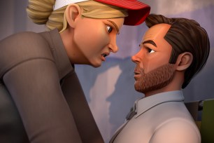 A photography showing the animated versions of Jillian Bell and Patrick Brammall as Risoli and Cullen in Season 4 of "No Activity."