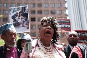 Gwen Carr, mother of Eric Garner, joins others during a news conference outside of Police Headquarters in Manhattan to protest during the police disciplinary hearing for Officer Daniel Pantaleo, who was accused of recklessly using a chokehold that led to Eric Garner’s death during an arrest in July 2014 on May 21, 2019 in New York City.