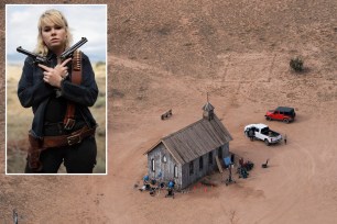 Main: A film set of Alec Baldwin’s movie “Rust” at the Bonanza Creek Ranch in Santa Fe, New Mexico on October 23, 2021. Inset: Hannah Gutierrez-Reed, the 24-year-old head armorer in charge of guns on the movie set RUST - where a gun prop gone wrong led to Alec Baldwin fatally shooting Halyna Hutchins