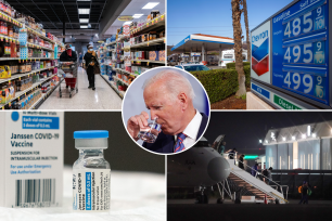 Left: Grocery shopping. Undocumented immigrants from the southern border arrive off a World Atlantic Airlines airplane and board charter buses at Westchester County Airport in White Plains, New York on October 15, 2021. Johnson & Johnson’s COVID-19 vaccine. Gas prices.