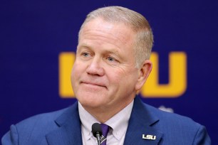 Brian Kelly speaks after being introduced as the head football coach of the LSU Tigers during a news conference at Tiger Stadium on December 01, 2021 in Baton Rouge, Louisiana.