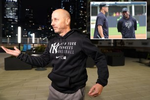 Yankees GM Brian Cashman at the annual sleep out charity event at Covenant House.