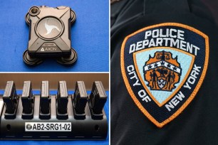 A general view of an NYPD arm patch in the Times Square section of New York, NY on August 7, 2021.