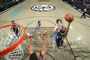 Nets guard James Harden drives to the basket during a game against the Thunder on Jan. 13, 2022 at Barclays Center in Brooklyn.