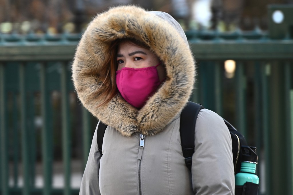 A woman wears a cloth mask as she walks through New York City.