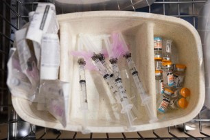 syringes and vials of Naloxone are shown during the media tour of the supervised drug injection site OnPoint, in New York