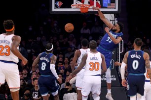 Karl-Anthony Towns slams one home during the Knicks' 112-110 loss to the Timberwolves.