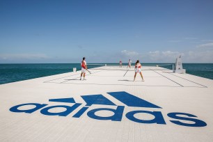 The tennis court, which is made out of recyclable material, was built to draw attention to the company's efforts to combat the dumping of plastic in the world's oceans.