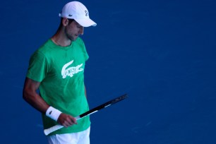 Novak Djokovic practicing at Melbourne Park before his visa was canceled.