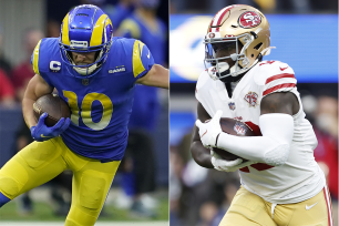 A composite image of Rams wide receiver Cooper Kupp and 49ers wide receiver Deebo Samuel.