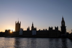 Still undergoing repairs to its roof and structure, the architecture of the British Houses of Parliament are seen in silhouette, on 17th January 2022, in London, England. The Big Ben bell contained inside the Elizabeth Tower has been silent since 2017 but is slowly being uncovered after extensive renovation work by contractor Sir Robert McAlpine - the estimated cost of repairing the tower and other parts of the 19th century Gothic building, has doubled to £61m, authorities have said. (Photo by Richard Baker / In Pictures via Getty Images)