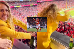 Brittany Matthews sprays champagne into crowd after Chiefs win