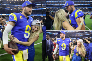 Matthew Stafford celebrates with wife Kelly after clinching Super Bowl berth