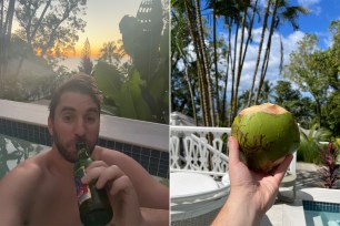 Side by side of Josh Geller at the Caribbean resort he had to quarantine at.