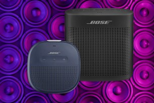 A purple and blue speaker background with two Bose speakers