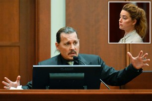 Johnny Depp testifies during his defamation trial in the Fairfax County Circuit Courthouse in Fairfax, Virginia, USA, 19 April 2022.