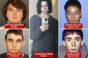 A photo illustration shows alleged mass shooters Payton Gendron, Nikolas Cruz, Salvador Ramos, Seung-Hui Cho and Adam Lanza.