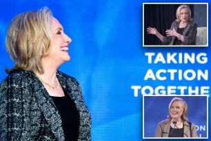 Hillary Clinton speaks to Dolores Huerta at the Clinton Global Initiative, Tuesday, Sept. 20, 2022, in New York.