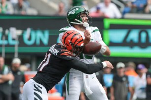 Trey Hendrickson of the Bengals sacks Jets quarterback Joe Flacco on Sept. 25, 2022.