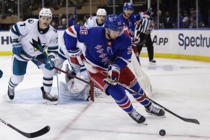 New York Rangers left wing Jimmy Vesey (26) skates with the puck in the third period against the San Jose Sharks at Madison Square Garden, Thursday, Oct. 20, 2022, in Manhattan, NY.