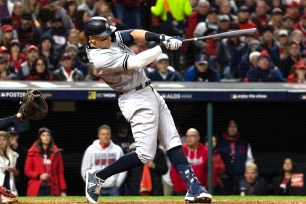 Aaron Judge belts a two-run homer in the third inning of the Yankees' Game 3 vs. the Guardians.