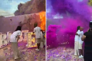 The couple's gender reveal party almost ended in disaster after their fence caught on fire.