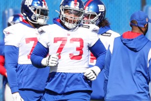 Giants offensive lineman Evan Neal at practice on Wednesday, Oct. 19, 2022.