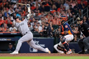 Josh Donaldson strikes out in the fourth inning of the Yankees' 3-2 loss in Game 2 of the ALCS.