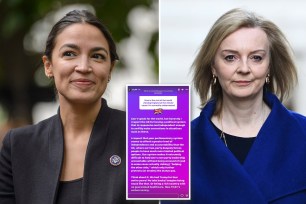 Composite photo of Rep. Alexandria Ocasio-Cortez, British Prime Minister Liz Truss, and AOC's Instagram Story response about British Politics.