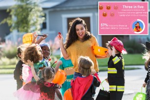 Hispanic woman (40s) giving out candy to multi-ethnic group of children (3-6 years) on halloween.