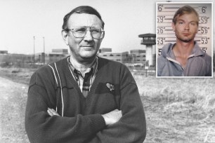 Main image is research chemist/author Lionel Dahmer, father of confessed serial killer Jeffrey Dahmer, standing outside of Columbia Correctional Institute where his son is imprisoned; Inset is Jeffrey Dahmer's mugshot