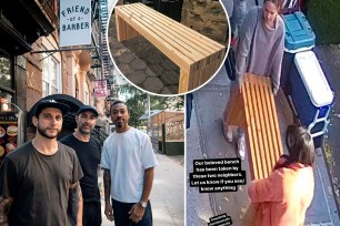 Two young women stole the bench outside of a beloved East Village barber shop.