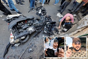 A composite image of a man inspecting a damaged motorcycle at the scene where Palestinian Den of Lions member Tamer Kilani, with of photo of Kilani and another photo of his grandmother crying at his funeral.