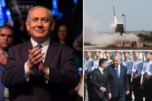 Composite image of former Israeli PM Benjamin Netanyahu, a missile defense system, and Netanyahu meating with Ukrainian President Volodymyr Zelensky