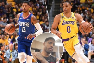 Clippers guard Paul George defends Russell Westbrook over his shooting struggles after a win against the Lakers on Oct. 20, 2022 at Crypto.com Arena in Los Angeles, Ca. 