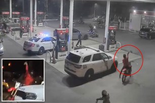 Main image is surveillance footage of the bikers and ATV riders surrounding the police vehicles; Inset is a biker throwing a brick at a police vehicle.