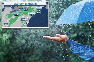 Hand and blue umbrella under heavy rain against nature background. Rainy weather and forecast concept.