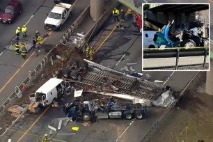 CBS chopper video shows the scene of a fatal a tractor-trailer accident at the I-287 and I-684 interchange, Wednesday, Jan. 18, 2023. The truck reportedly drove off an overpass and landed on a van on the highway below.