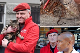 clockwise from left: curtis sliwa holding a cat, a dead rat carcas, and sliwa looking over the mayor's shoulder