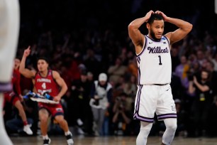 Marqvuis Nowell, who scored a game-high 30 points, reacts dejectedly after Florida Atlantic's 79-76 Elite Eight win over Kansas State.