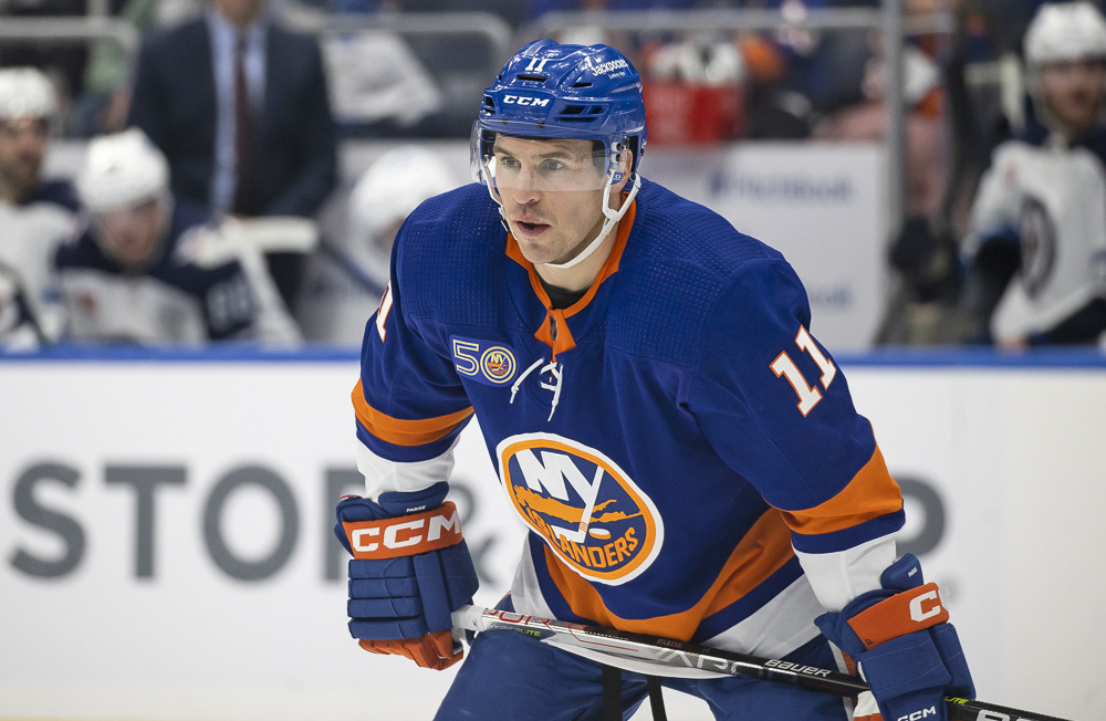 Zach Parise #11 of the New York Islanders on the ice as the New York Islanders play against the Winnipeg Jets in the 1st period during a regular season matchup at UBS Arena. 