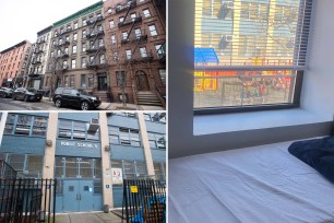 View through window of PS 9 school yard, building where Breaking Ground Safe Haven Shelter on West 83rd Street will open, and PS 9 building