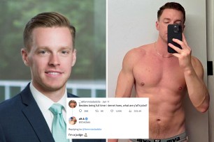 gregory Locke in a suit, and topless; screenshot of tweets