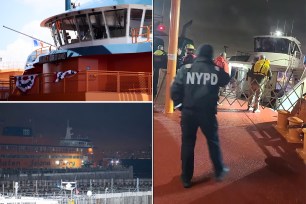 Staten Island Ferry boat Sandy Ground on its maiden voyage and being pushed into dock