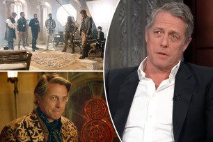 Hugh Grant smiling. Left: Hugh Grant in his "Dungeons & Dragons" movie.