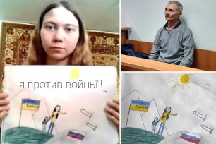 Alexei Moskalev, 54 (top right), was detained in Minsk, Belarus, Wednesday night after he fled from house arrest before he was sentenced to two years in prison in a case involving his teen daughter Masha's (left) anti-war drawing (bottom right).