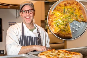 Wylie Dufresne's long-awaited comeback is here — and it's a pizza place on Park Avenue South where even pies with the signature Wylie touch, such as the Yolks On You, with egg yolk and asparagus (inset) can't overcome the cooking methods and dry crust.