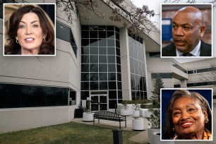 A photo of a charter school from outside with pics of Kathy Hochul, Carl Heastie and Andrea Stewart-Cousins in three corners