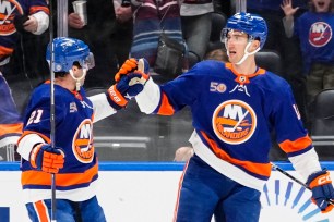 Pierre Engvall (right) celebrates with Kyle Palmieri after scoring a goal during the Islanders' win over the Devils.